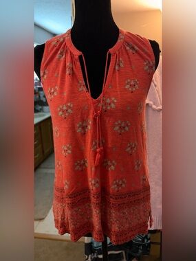 Lucky Brand Coral Red Tassel Tie Floral Camisole